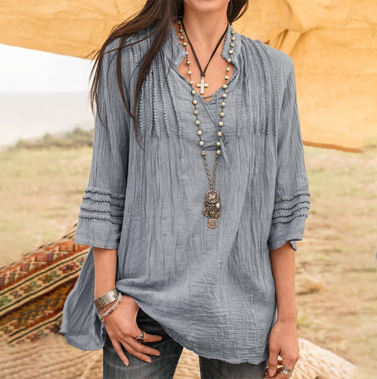 V-neck long sleeve pleated shirt