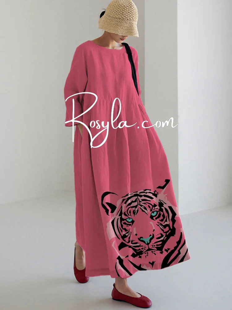 Women's Casual Pink Leopard Print Long Sleeve Midi Dress