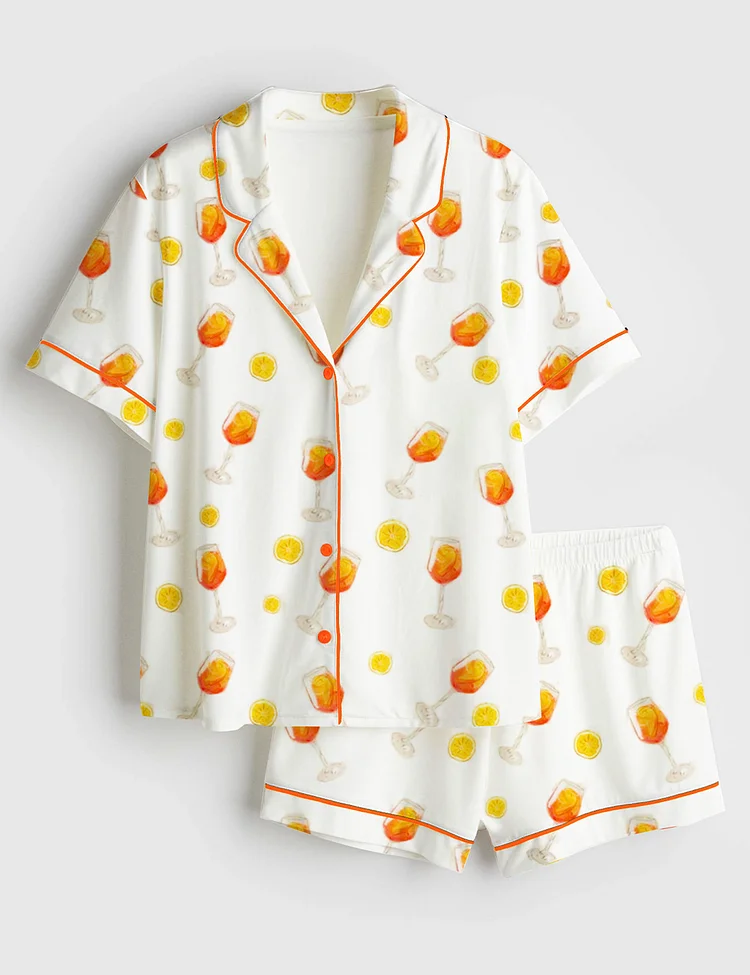 Women's Apawrol Spritz Aperol Spritz Trio Orange Drinks Bottle Wine Short Sleeve Satin Pajama Set