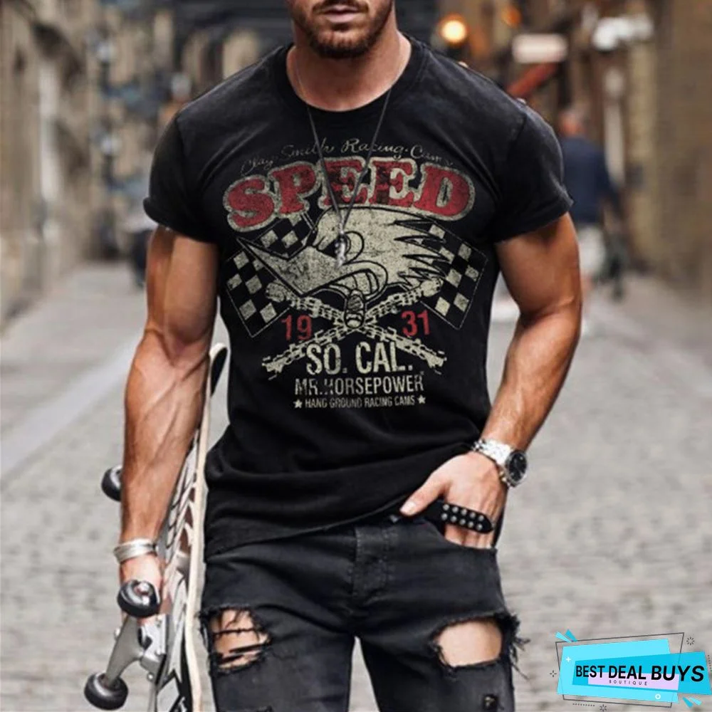 Men's Summer Alphabet Print Round Neck Sports T-shirt