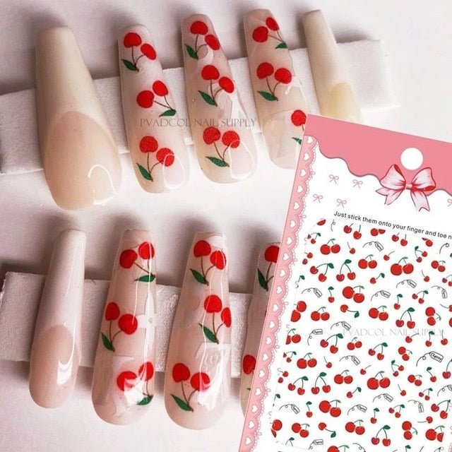 Cherry Fruit Nail Stickers 3D Summer Style Nail Art Transfer Decals Self-Adhesive Slider Wraps Nail Decoration Manicure Foils