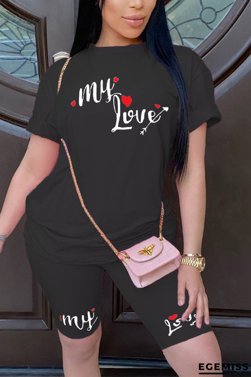 Black Fashion Casual Letter Printed Two-piece Set | EGEMISS