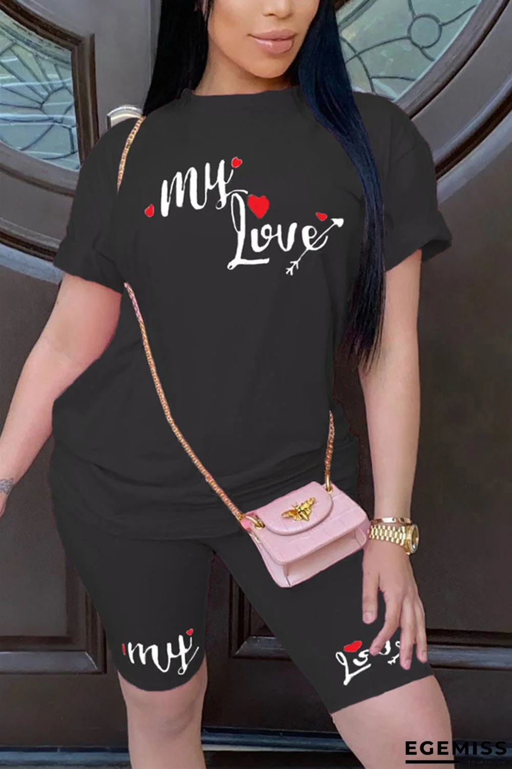 Black Fashion Casual Letter Printed Two-piece Set | EGEMISS