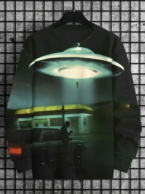 Men's Retro UFO Takes Humans Away Print Casual Sweatshirt