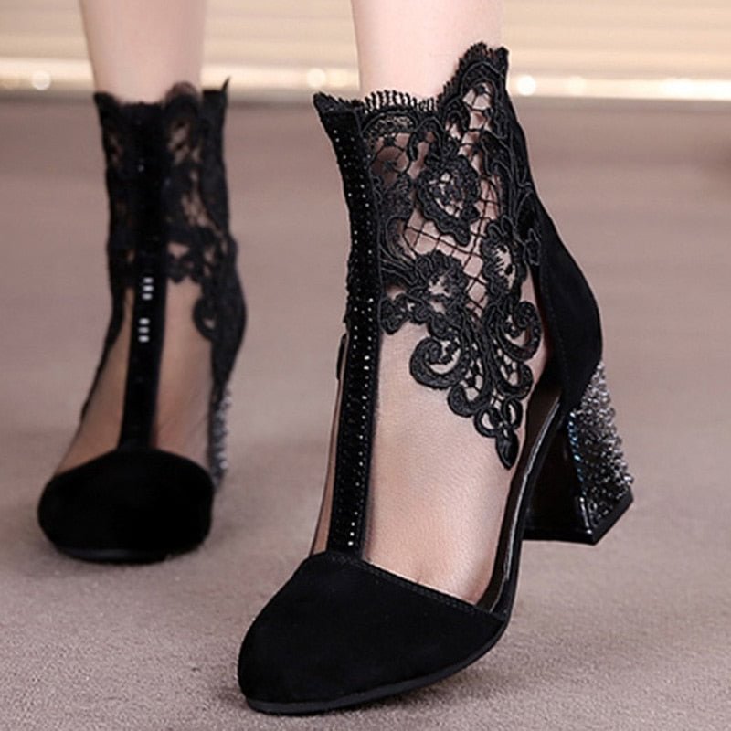 Women's Spring Shoes Ladies Lace Genuine Leather Fashion Boots Female High Heels Round Toe Mid Calf Women Boots Shoes Plus Size