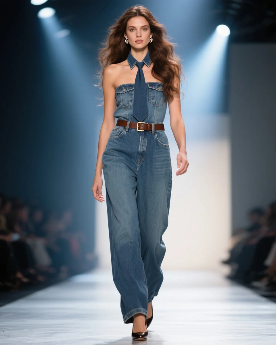 Women's Fashion Elegant Tie Design Sleeveless High Waist Denim Jumpsuit