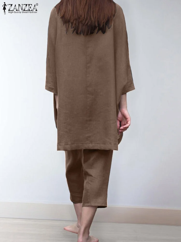 ZANZEA 2pcs Women Trouser Suits Spring Fashion Solid Urban Tracksuit Matching Sets Trutleneck 3/4 Sleeve Blouse Harem Pants Sets