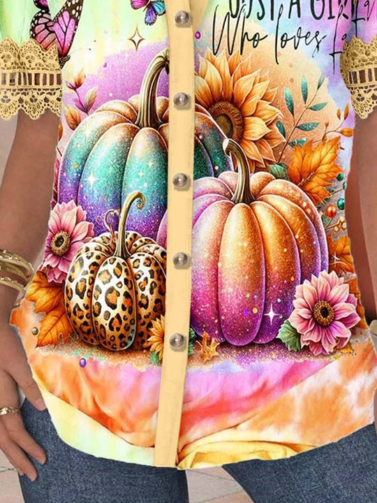 Women Short Sleeve V-neck Pumpkin Printed Graphic Lace Hollow Stitching Button Tops