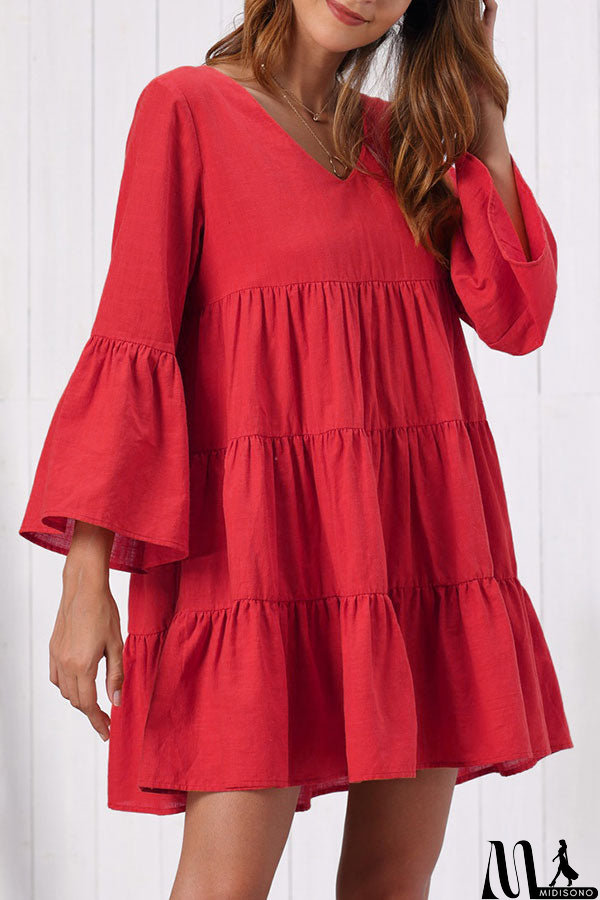 MidiSono - V-neck Ruffled Short Swing Dress