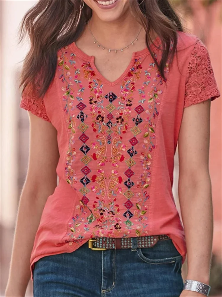 Ethnic Floral Graphic Notch Neck T Shirt