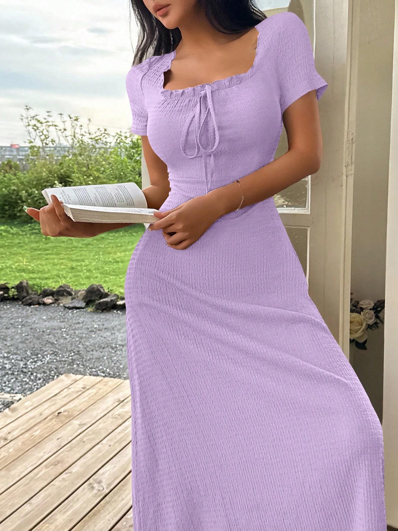 Women's Casual Solid Color Jacquard Gathered Ruffle Trim Square Neck Maxi Loungewear Dress Brown Dress Lounge Dress Summer Dress Tie Front Dress Midi Dress