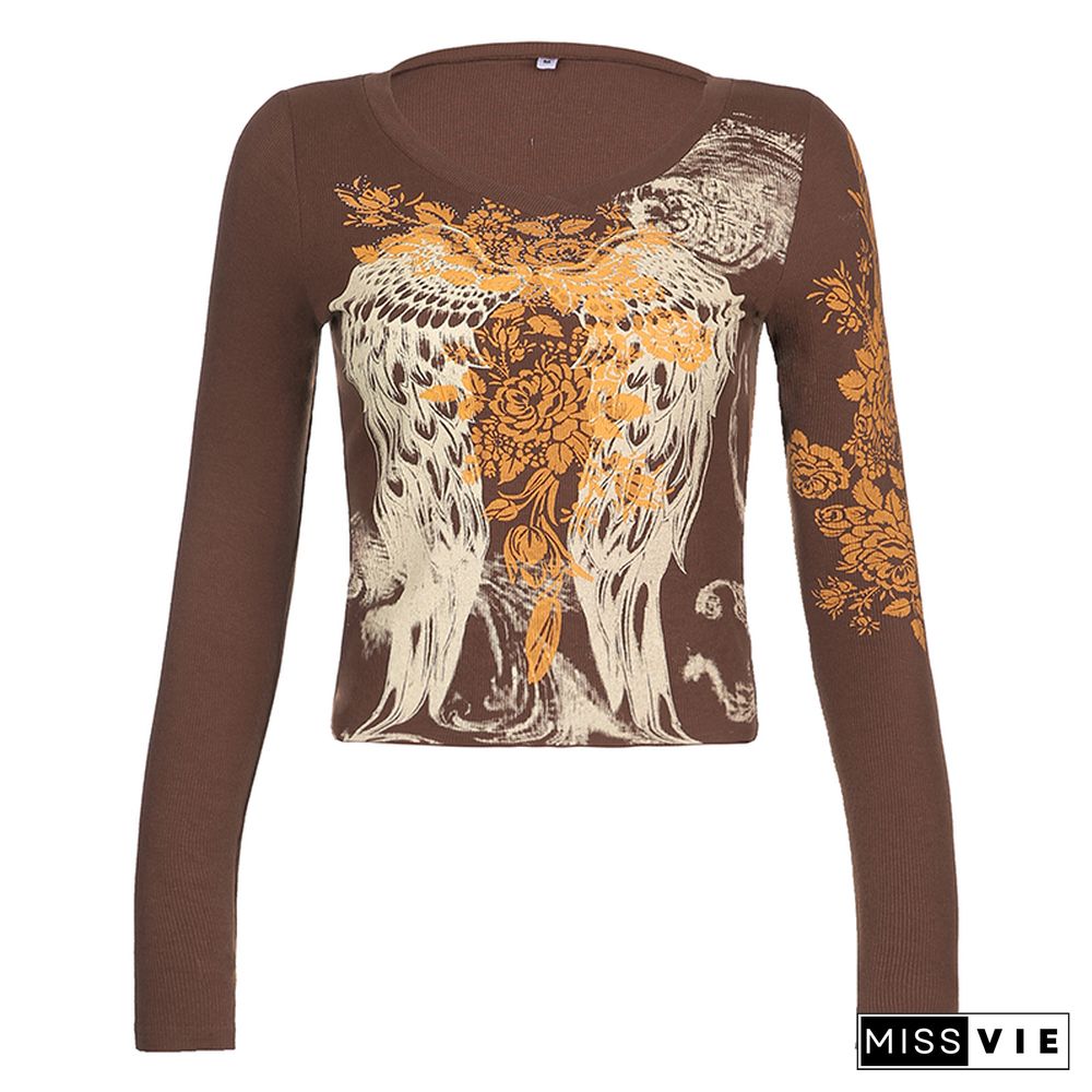 Autumn Spring Women’s Harajuku Vintage Long Sleeve T-shirt Feather Wing Flower Printed Y2K Aesthetic Female Mujer Slim Fit Tops