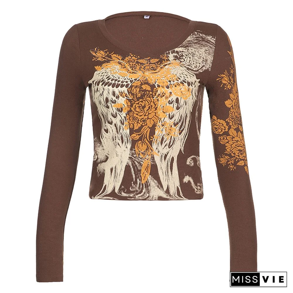 Autumn Spring Women’s Harajuku Vintage Long Sleeve T-shirt Feather Wing Flower Printed Y2K Aesthetic Female Mujer Slim Fit Tops