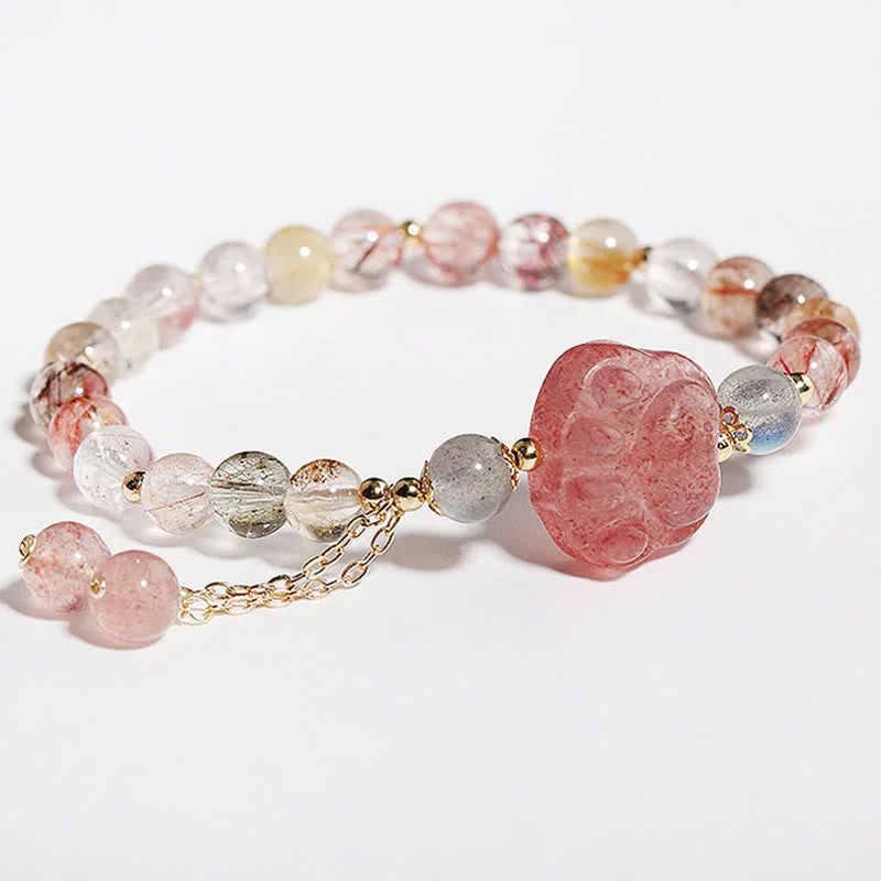 Natural Strawberry Quartz Cat Paw Claw Colorful Rutilated Quartz Moonstone Love Bracelet