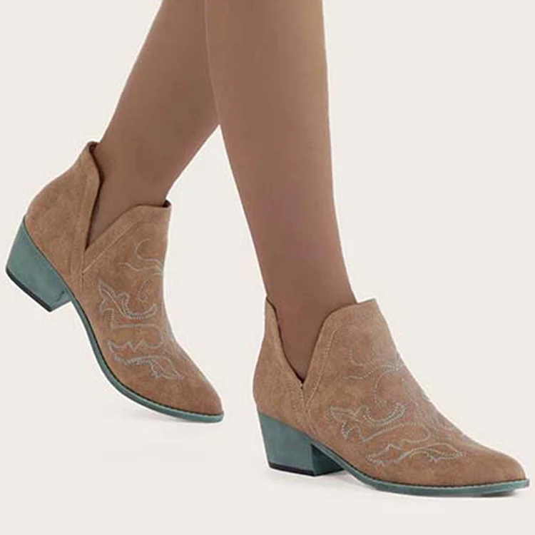 HUXM Embroidered V Cutout Western Ankle Boots Chunky Heel Booties