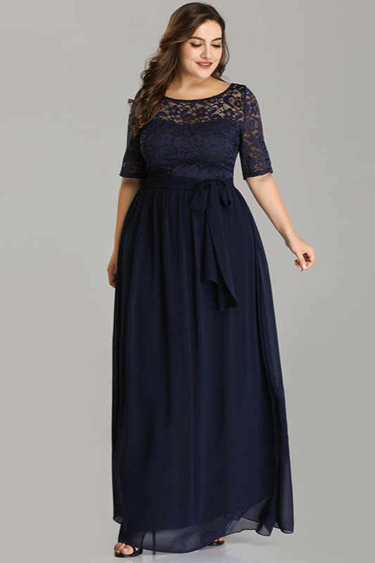 Gorgeous Half Sleeve Lace Long Chiffon Plus Size Evening Gowns Online