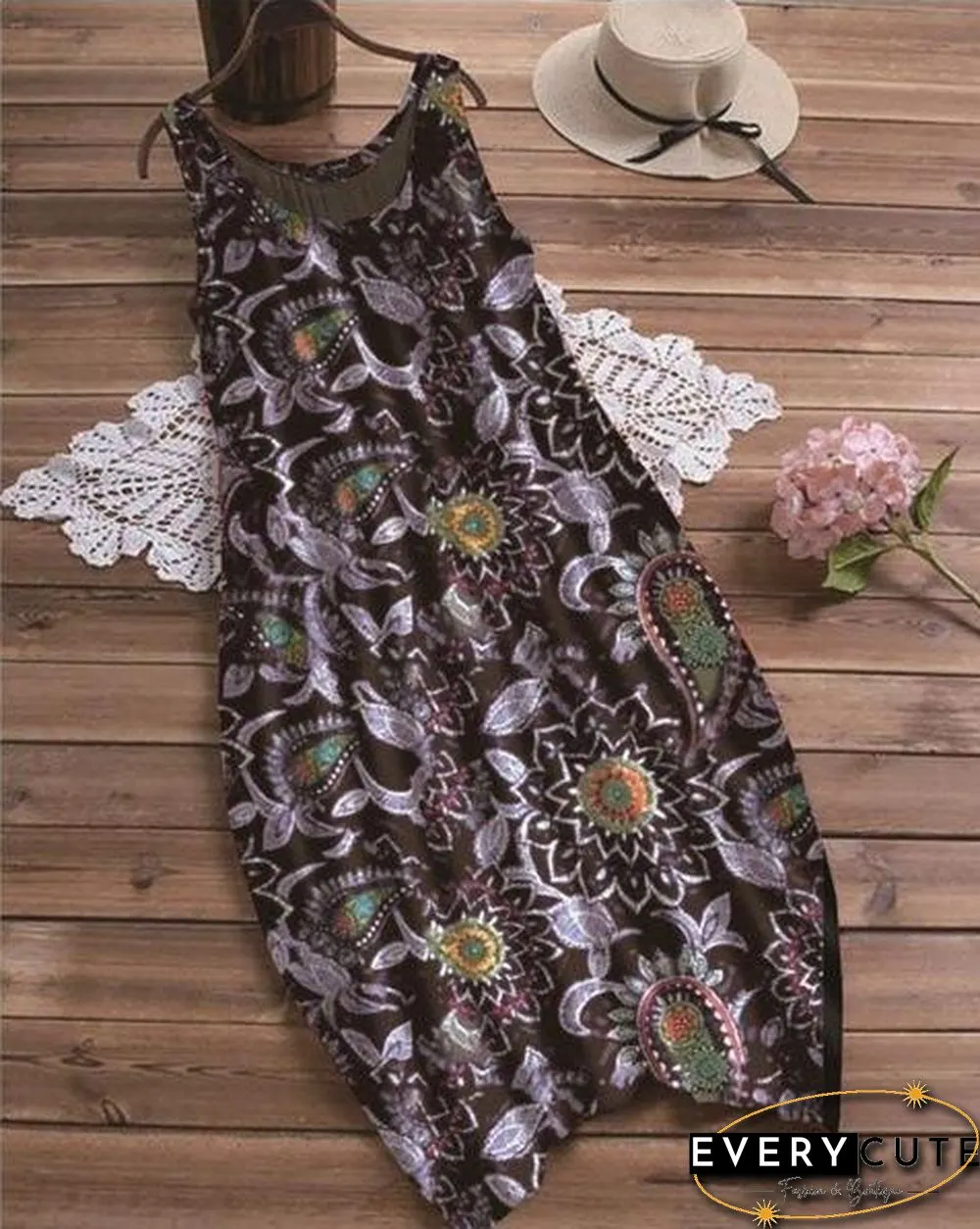 Summer Leisure Vacation Printing Sexy Round Neck Sleeveless Dress