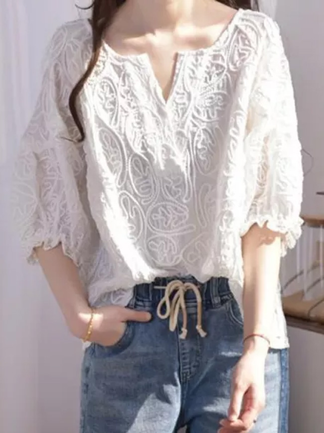 Fashion Women V-neck Loose Embroidery Lace Blouse