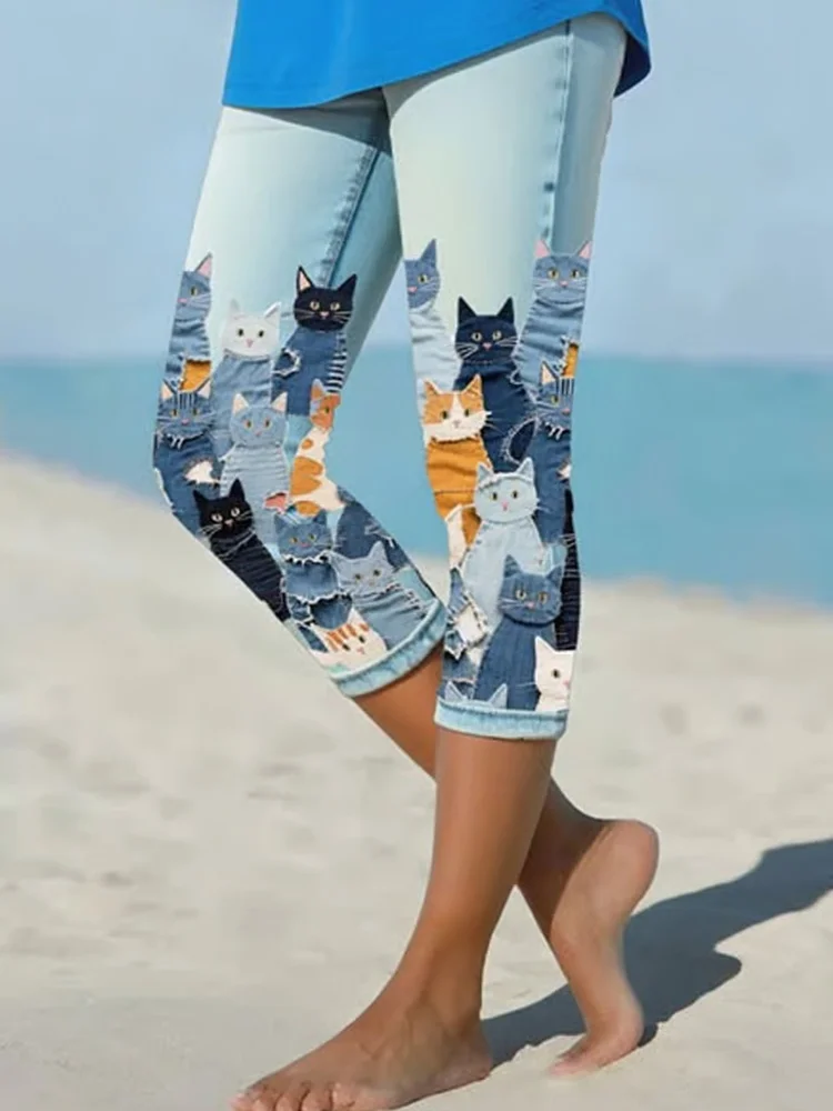 Women's Animal Cat Printed Capri Pants