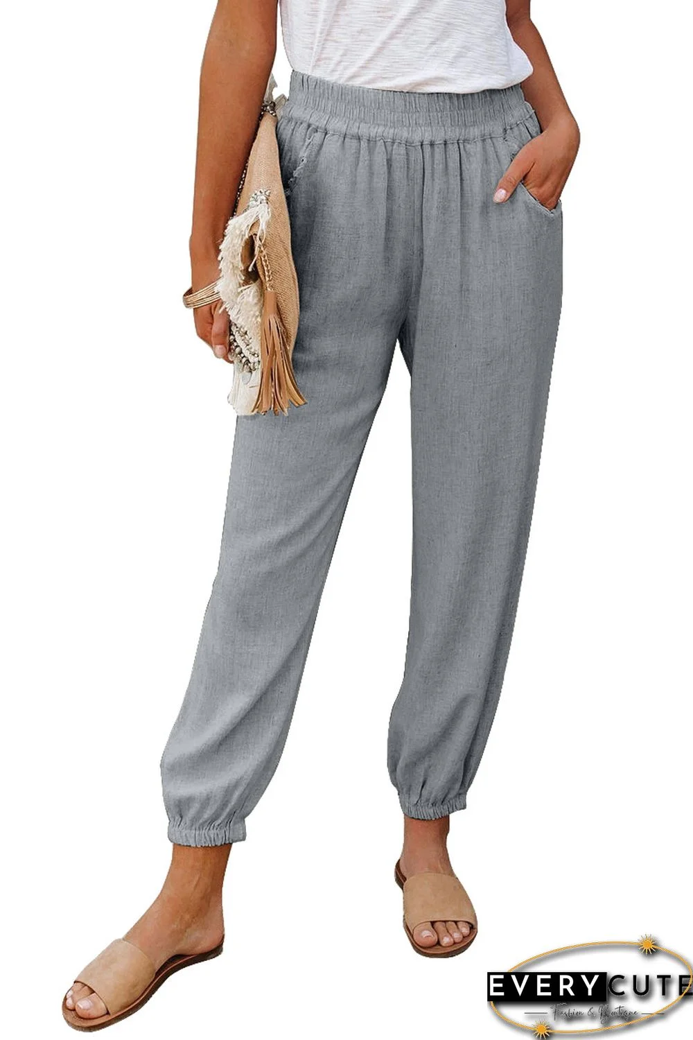 Gray Linen Pocketed Elastic Waistband Joggers