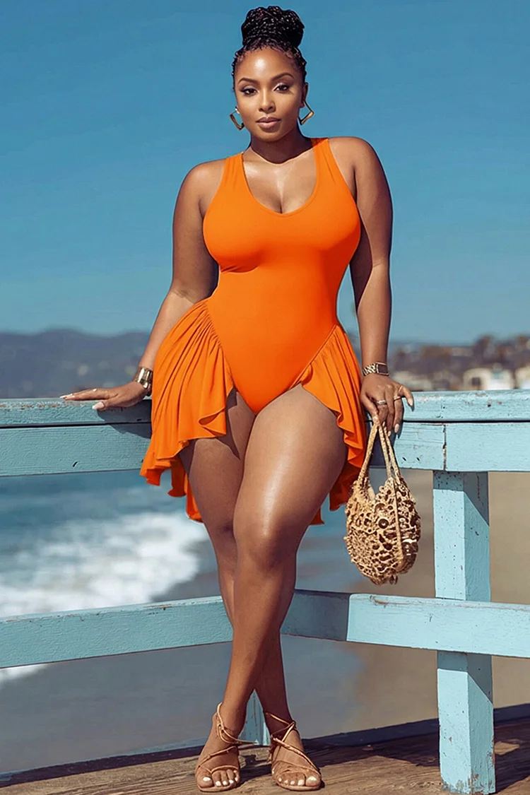 Xpluswear Design Plus Size Beach Orange Round Neck Ruffle Swimsuit Fabric Swimwear Dress [Pre-Order]