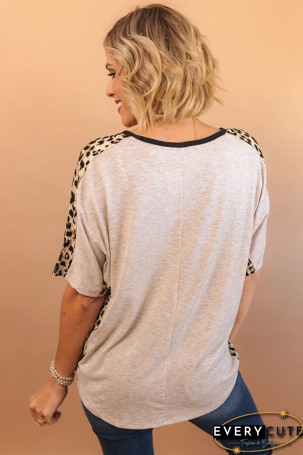 Gray Leopard Splicing O-neck Short Sleeve T Shirt