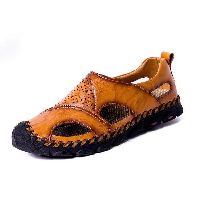 Men Breathable Genuine Leather Sandals Plus Size Casual Beach Flats Shoes