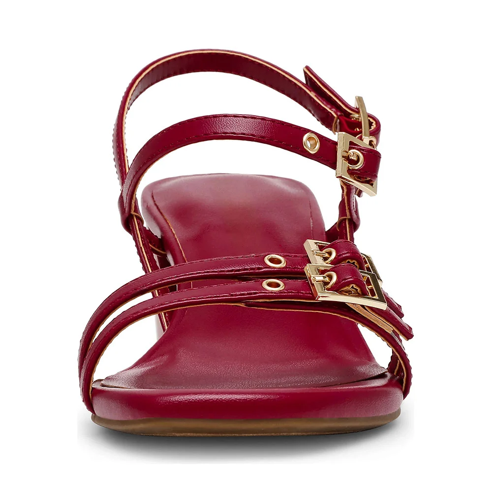 Chic Maroon Square Toe Multiple Straps Buckle Block Heel Sandals
