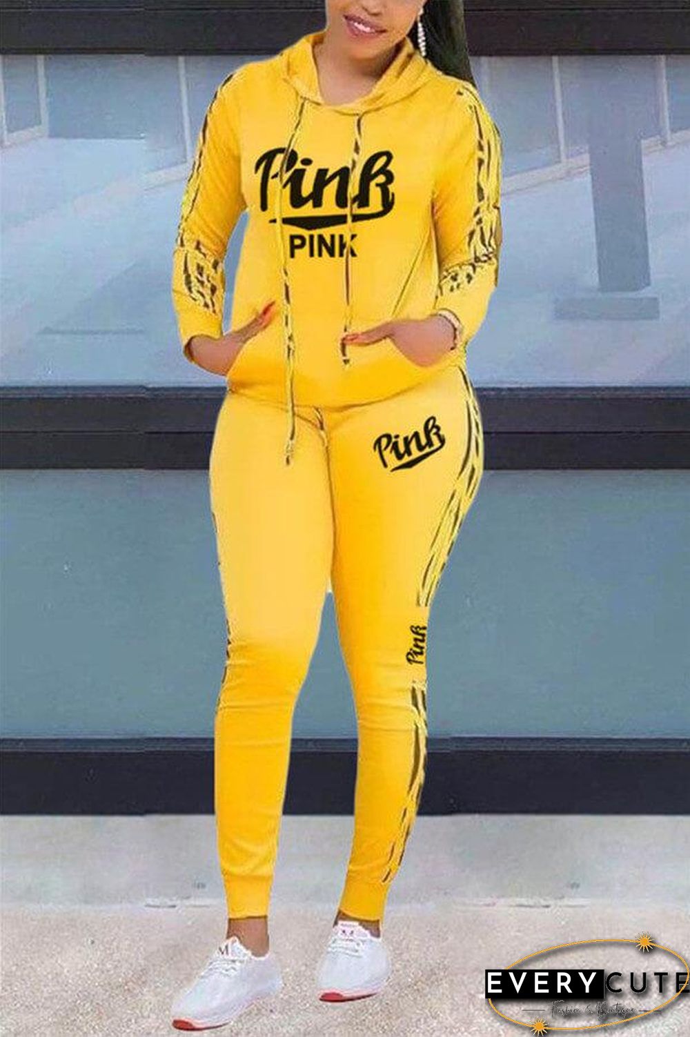 Casual Letter Print Hooded Collar Two Pieces