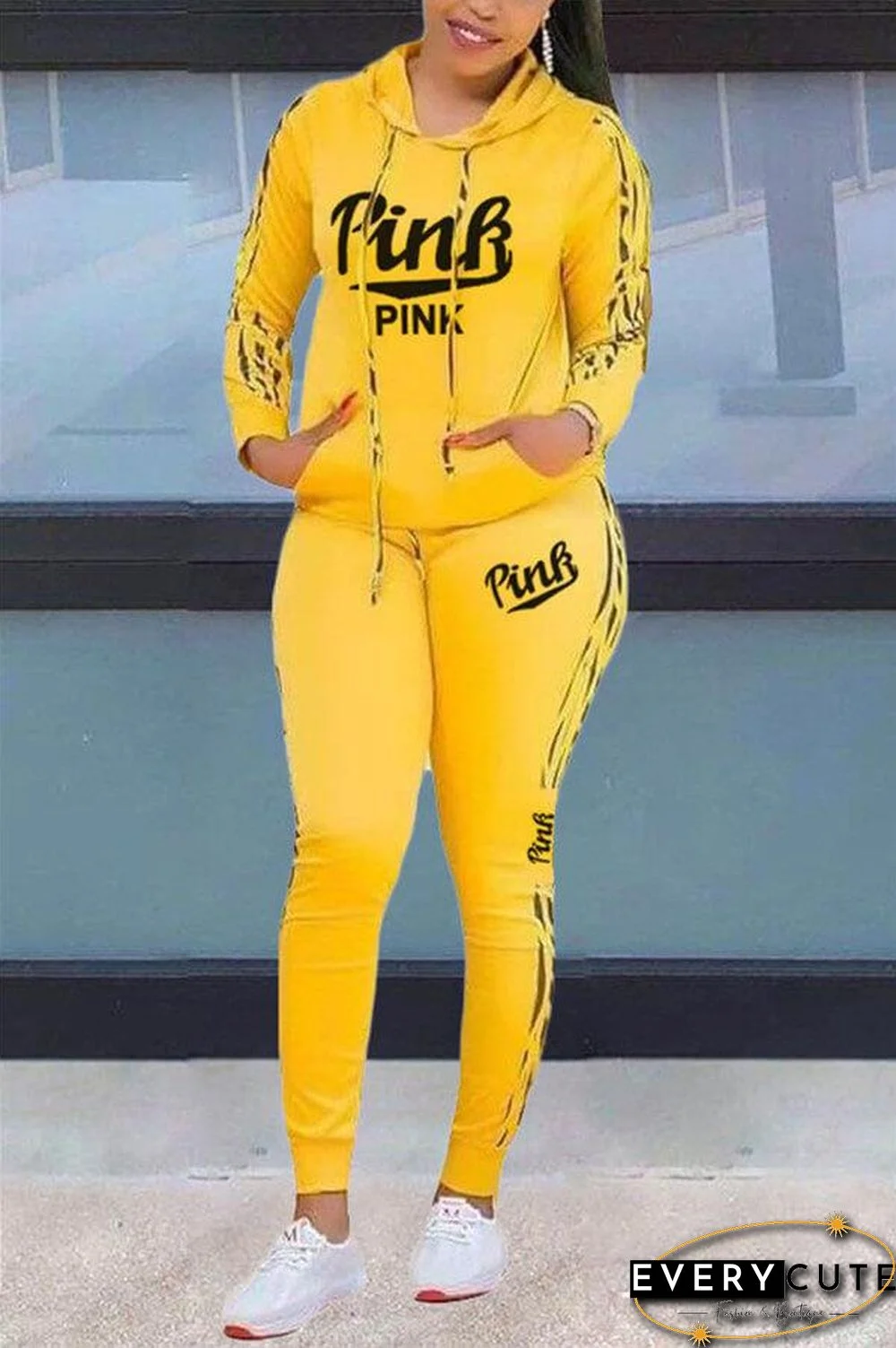 Casual Letter Print Hooded Collar Two Pieces