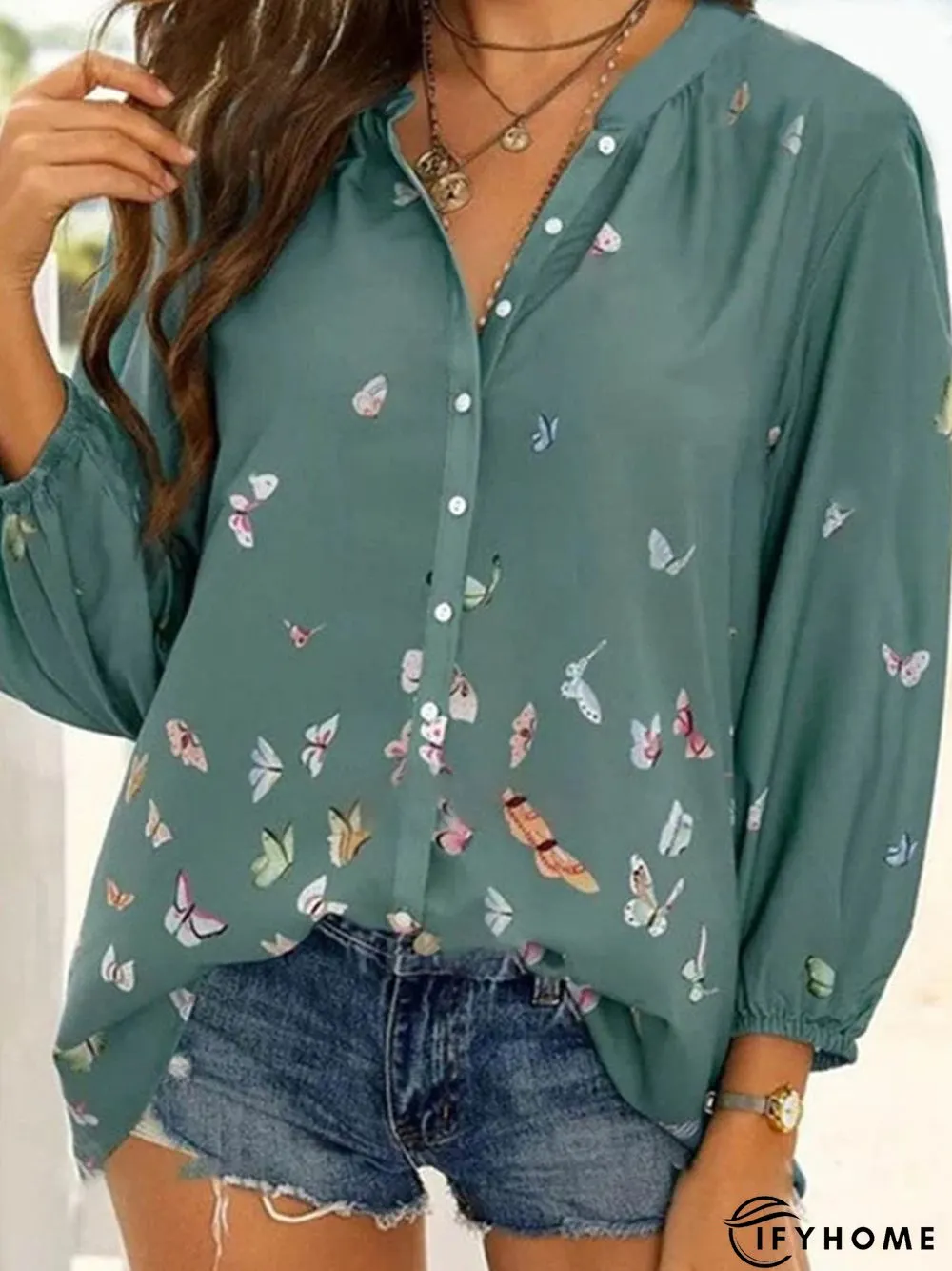 Colorful Butterfly Print Chiffon Long Sleeve Shirt | IFYHOME