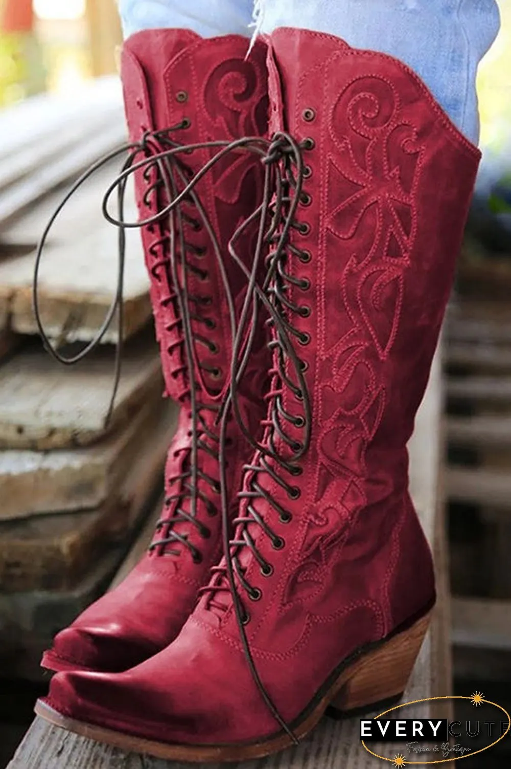 Laser Cut Lace Up High Boot