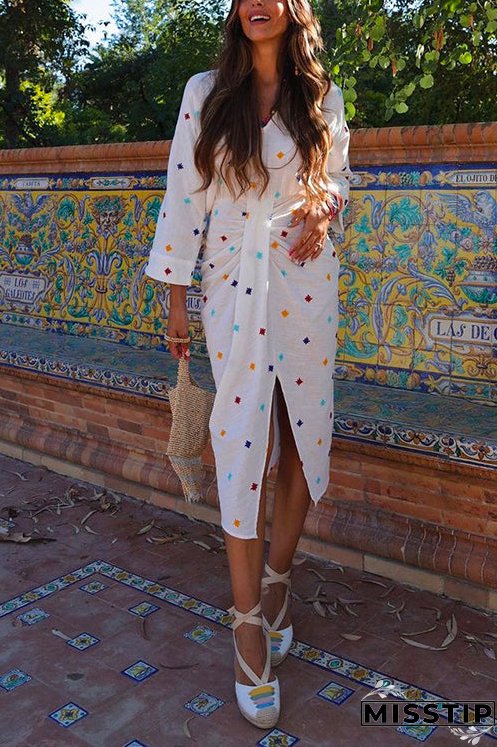 V Neck Waisted Slit Embroidery Midi Dress