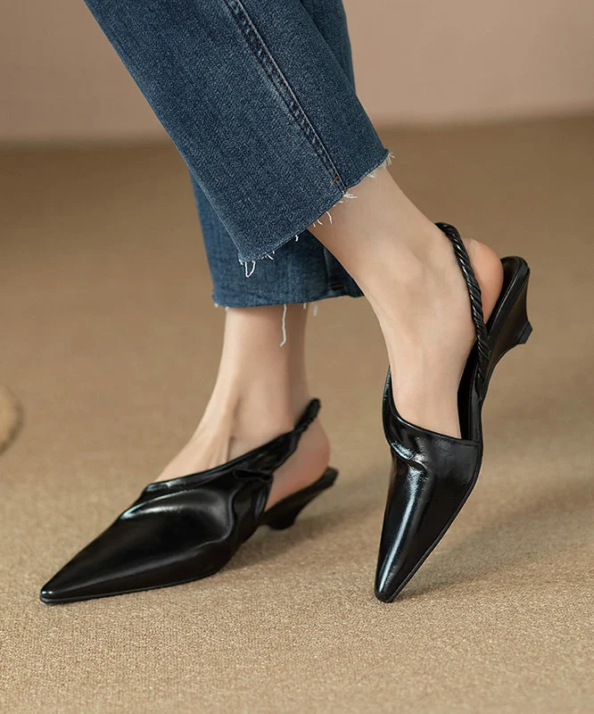 Black Kitten Cowhide Leather Handmade Splicing Sandals Pointed Toe