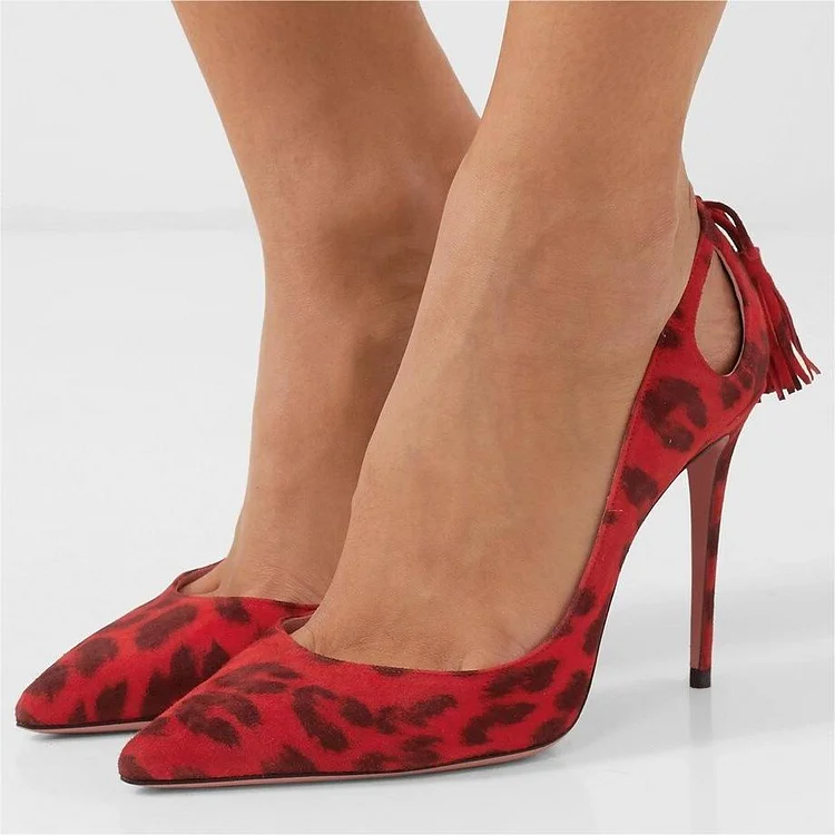 Red Leopard Print Stiletto Shoes Pointed Toe Cutout Pumps with Tassels |FSJ Shoes