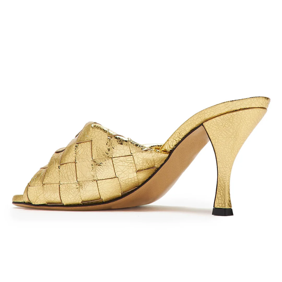 YDN Woven Straps Slip-On Open Toe Spool Heel Gold Sandals