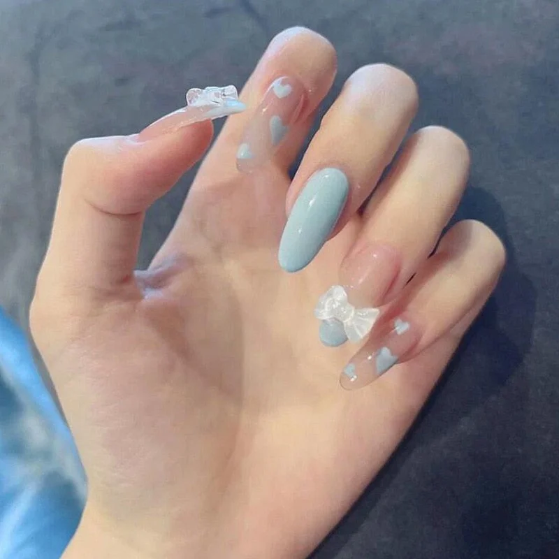 24PCS Love Heart False Nail Patch Sweet Style Women Removable MId Length Full Cover Manicure Tool False Nail Patch with Glue-Nail Inspo