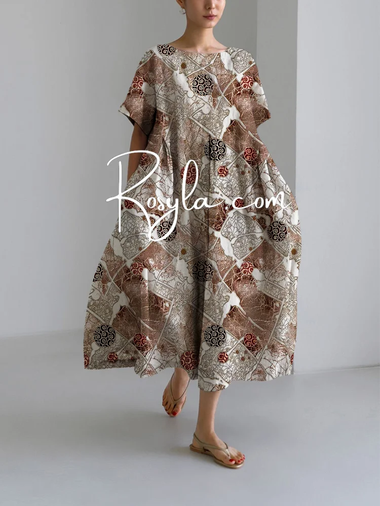 Women's Mural Style Print Loose Round Neck Medium Length Skirt Dress