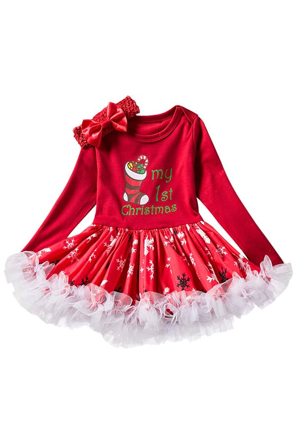 Long Sleeve Bowknot Stocking Snowflake Print Kids Christmas Dress Red-elleschic