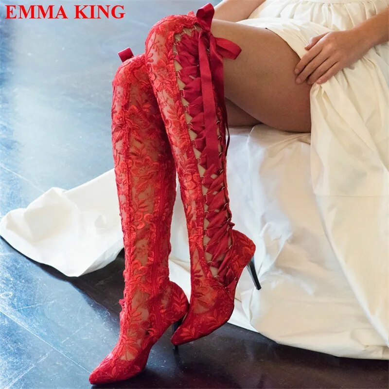 VCSHOES White Black Lace Over The Knee Boots Gothic Thigh High Boots High Heels Long Bridal Boots Pointed White Wedding Boots
