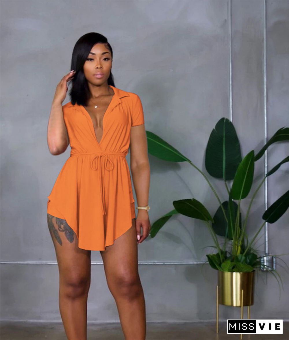 Solid Short Sleeve Lace Up Shirt and Shorts Matching Suit