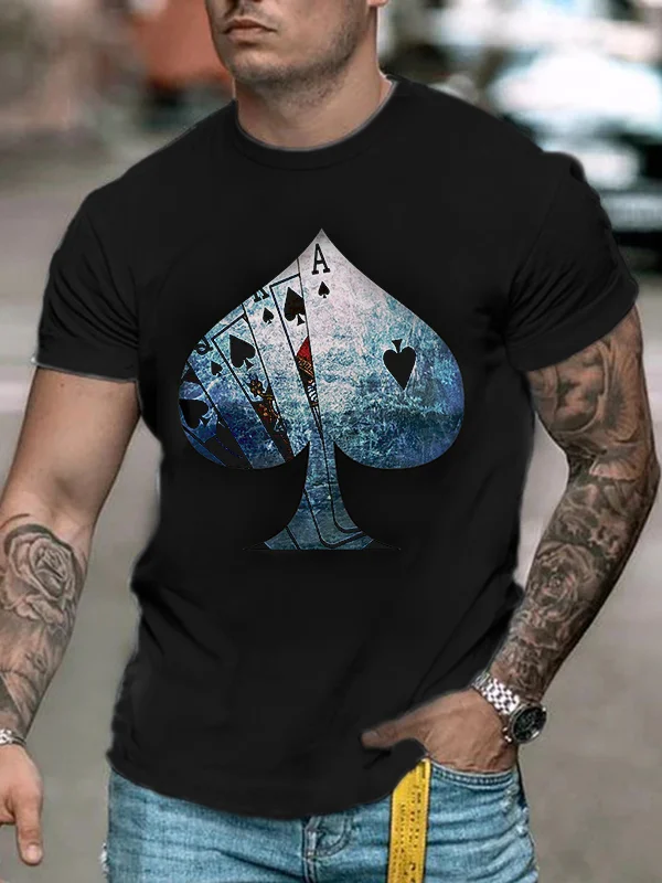 Men's casual fashion black poker heart print short sleeve T-shirt.jpg