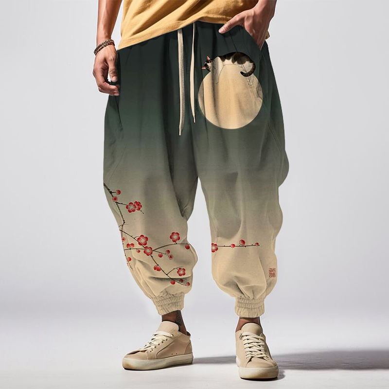 Comstylish Japanese Art Cat Print Casual Loose Drawstring Waist Sweatpants