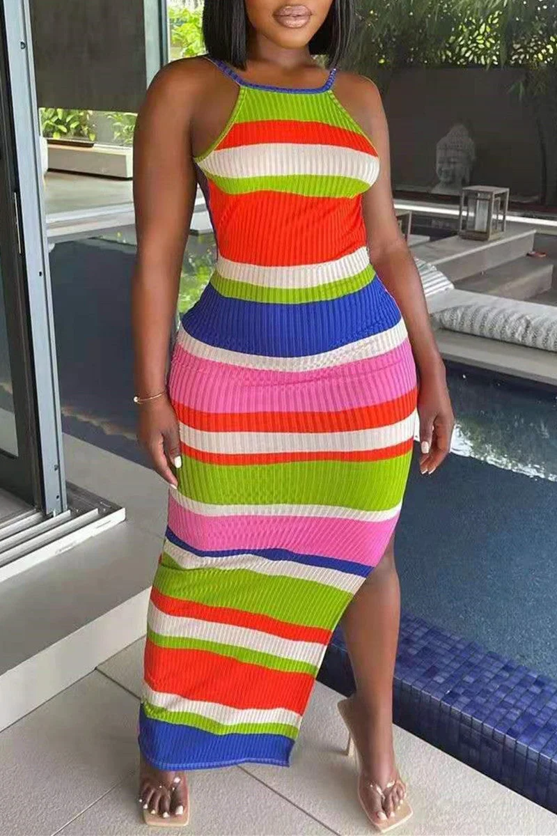 Fashion Sexy Striped Print Slit Spaghetti Strap Long Dress