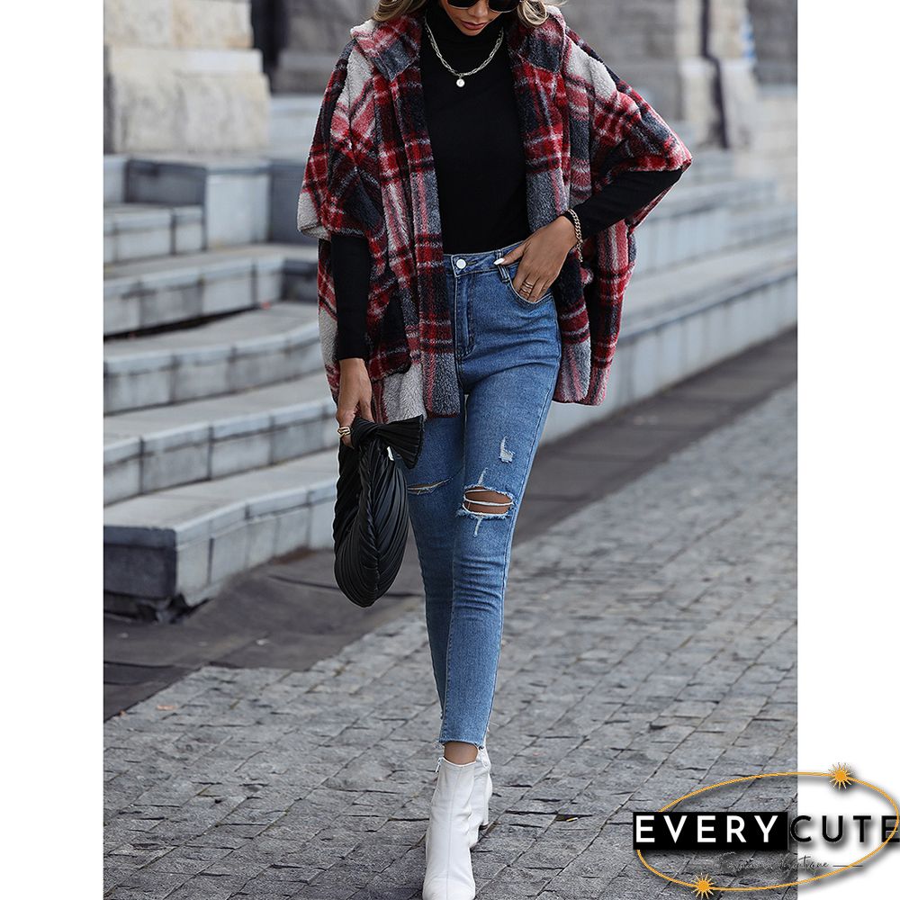 Red Plaid Print Plush Hooded 1/2 Sleeve Pocket Coat