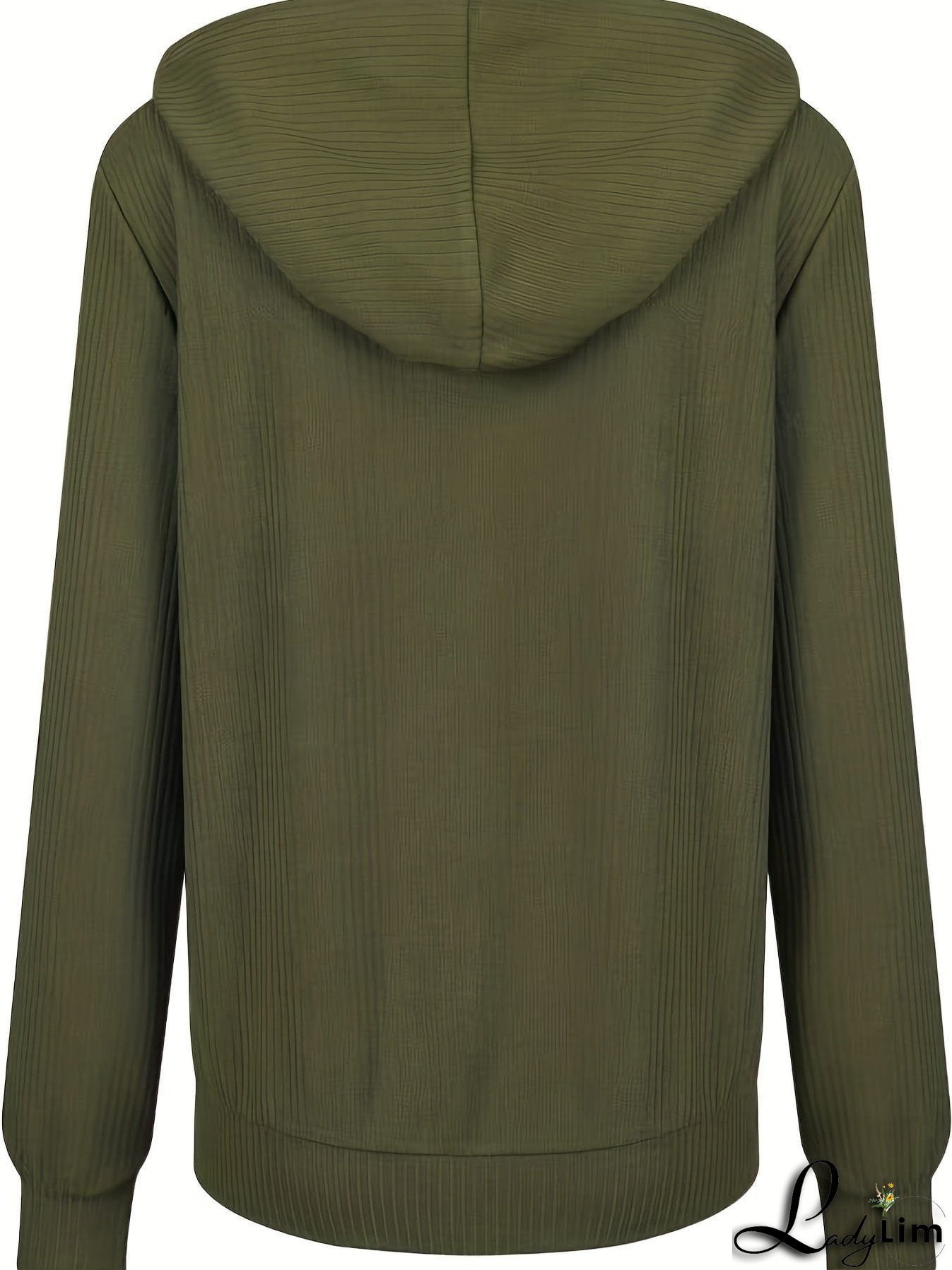 Plus Size Casual Coat, Women's Plus Solid Ribbed Zip Up Long Sleeve Drawstring Hoodie Sweater