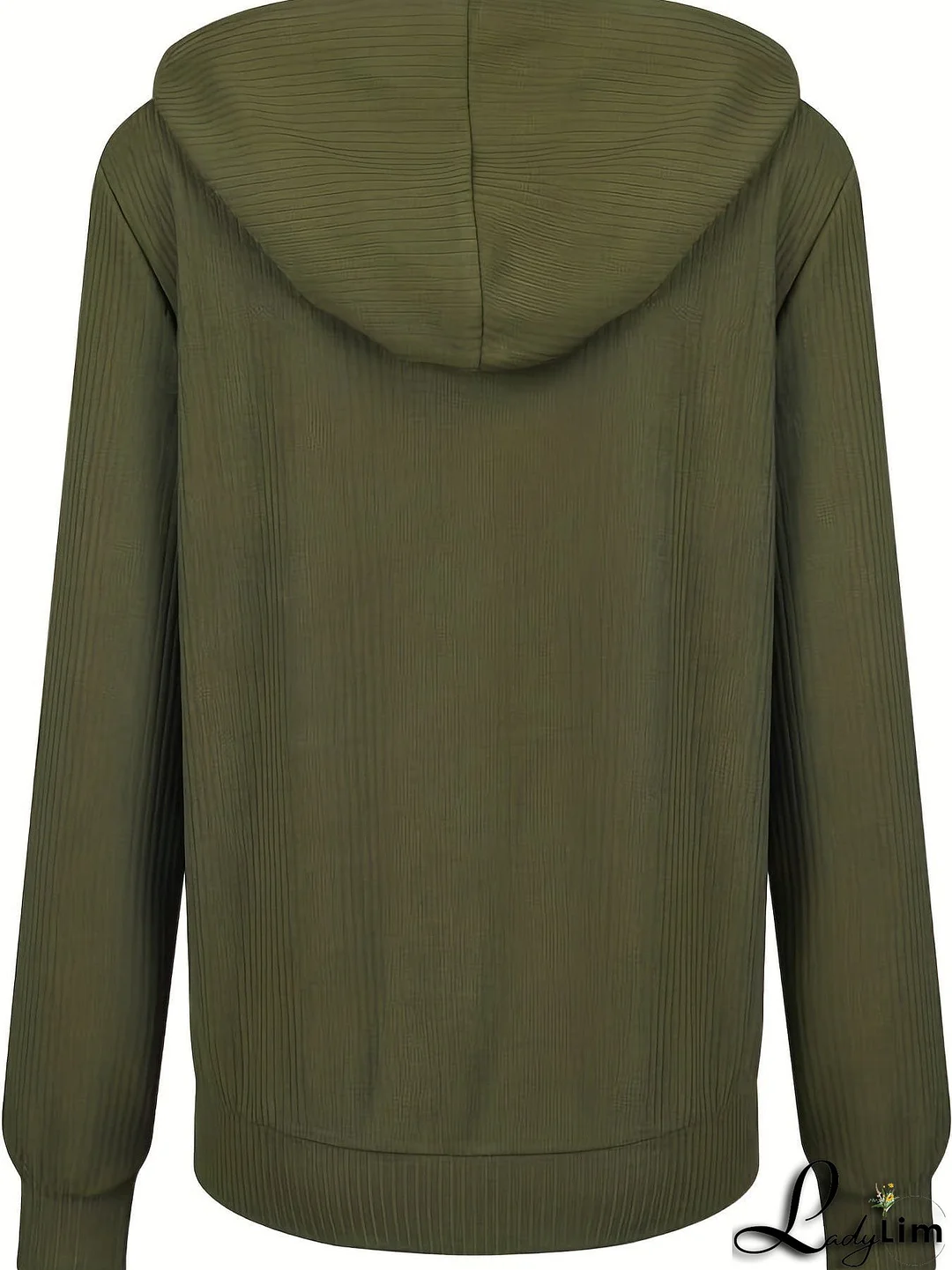 Plus Size Casual Coat, Women's Plus Solid Ribbed Zip Up Long Sleeve Drawstring Hoodie Sweater