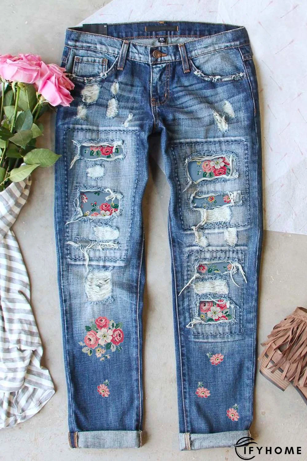 Sky Blue Floral Print Contrast Distressed Mid Waist Jeans | IFYHOME