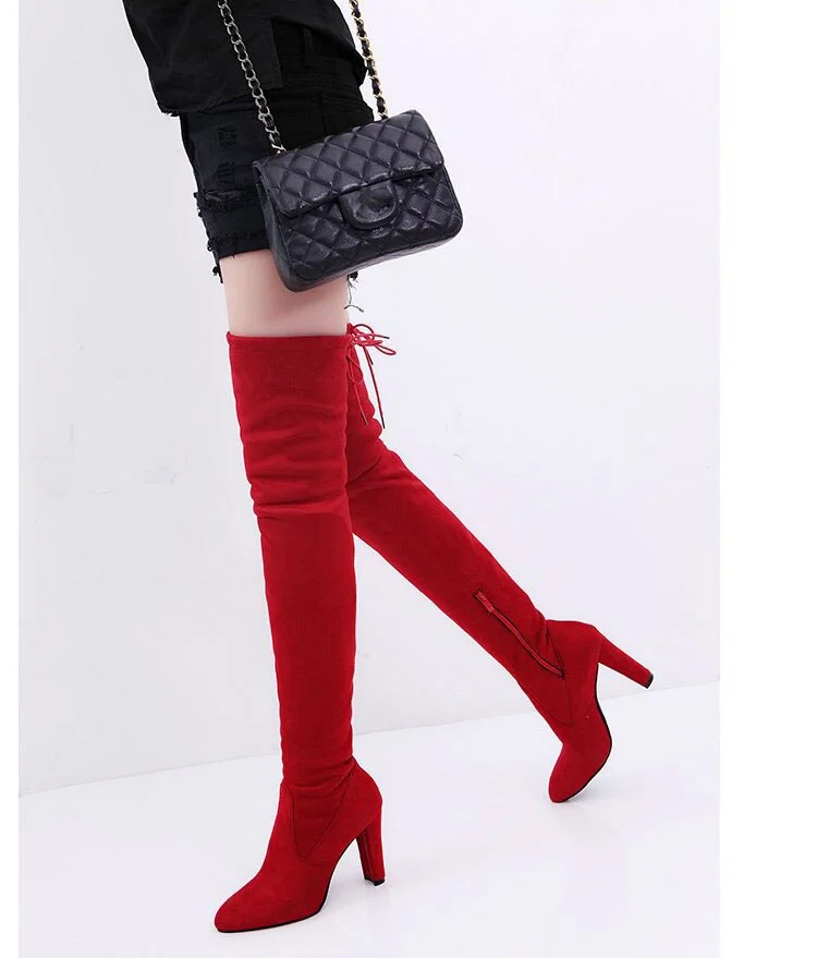 2020 NEW Sexy Party Boots Fashion Suede Leather Shoes Women Over The Knee Heels Boots Stretch Flock Winter High Botas LH100034