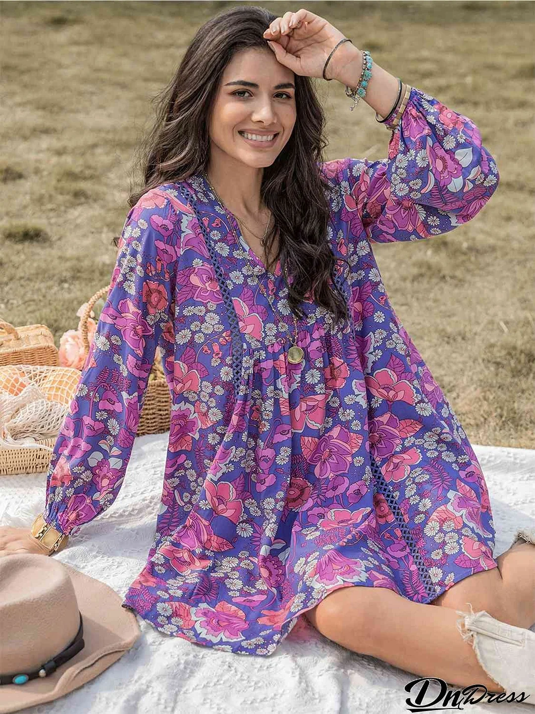 Floral Ruched V-Neck Long Sleeve Dress